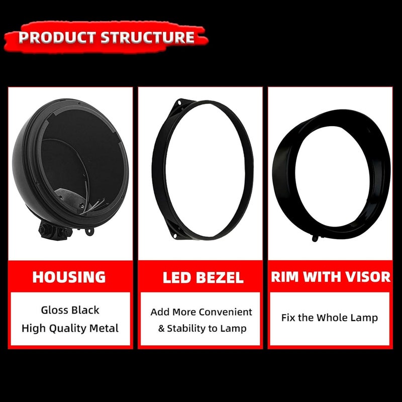 FATECIM Motorcycle 7" Round Headlight Bucket Housing with Visor 7 Inch LED Headlamp Shell Protective Cover Heavy Duty Universal for Harley Kawasaki Honda Yamaha Suzuki Chopper Cafe Racer Bobber Black - Image 2